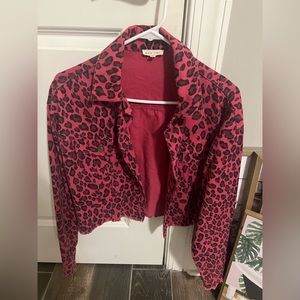 Main strip pink leopard print denim jacket